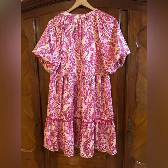 Umgee Queen of Pink Satin Dress w puff sleeves Oversized Size M - Picture 5 of 6